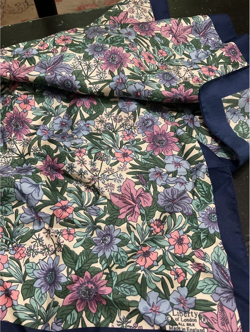 Liberty of London All Silk Floral Scarf with Navy Border